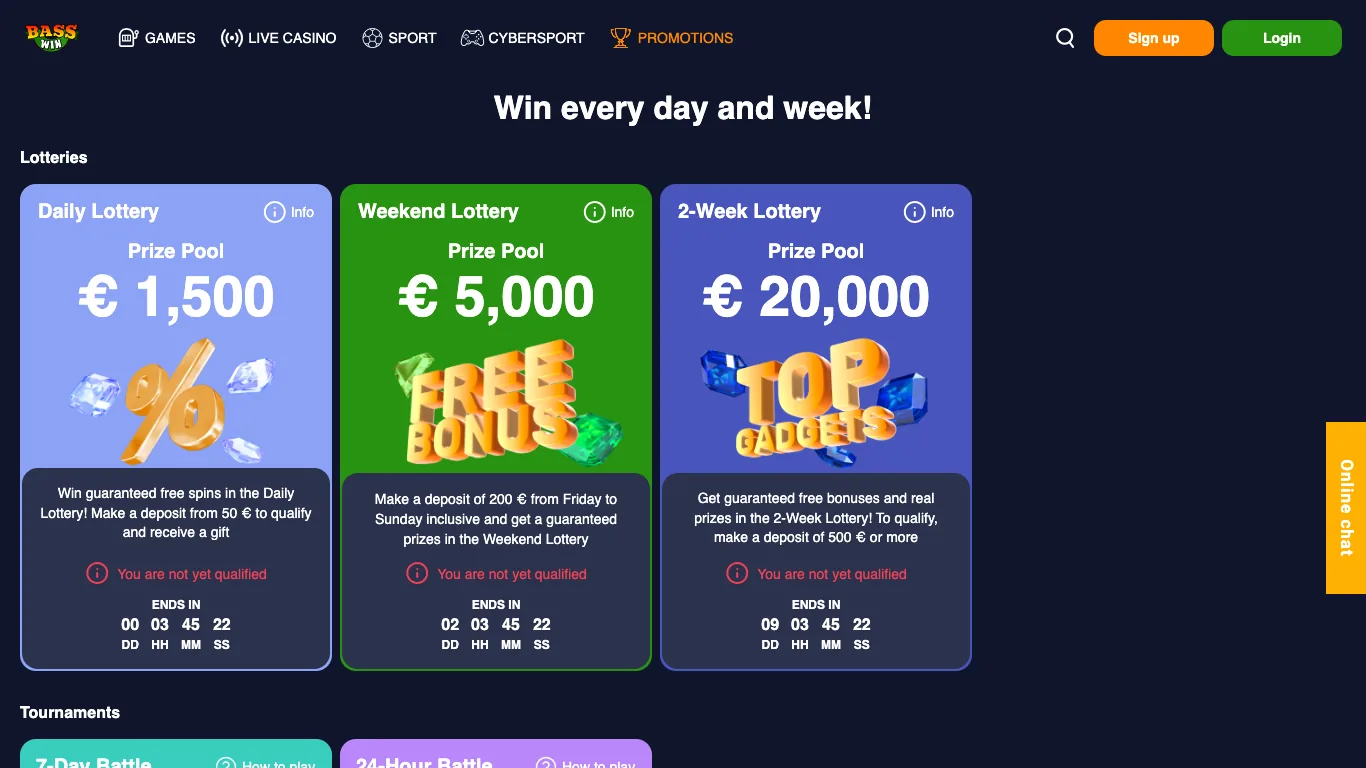 Lottery promotions with daily, weekend and 2-week prize pools