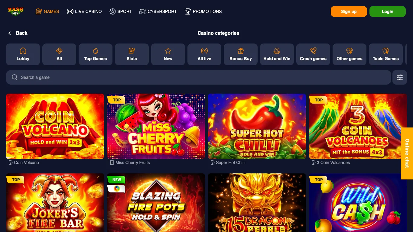 Casino categories page with slots and game thumbnails
