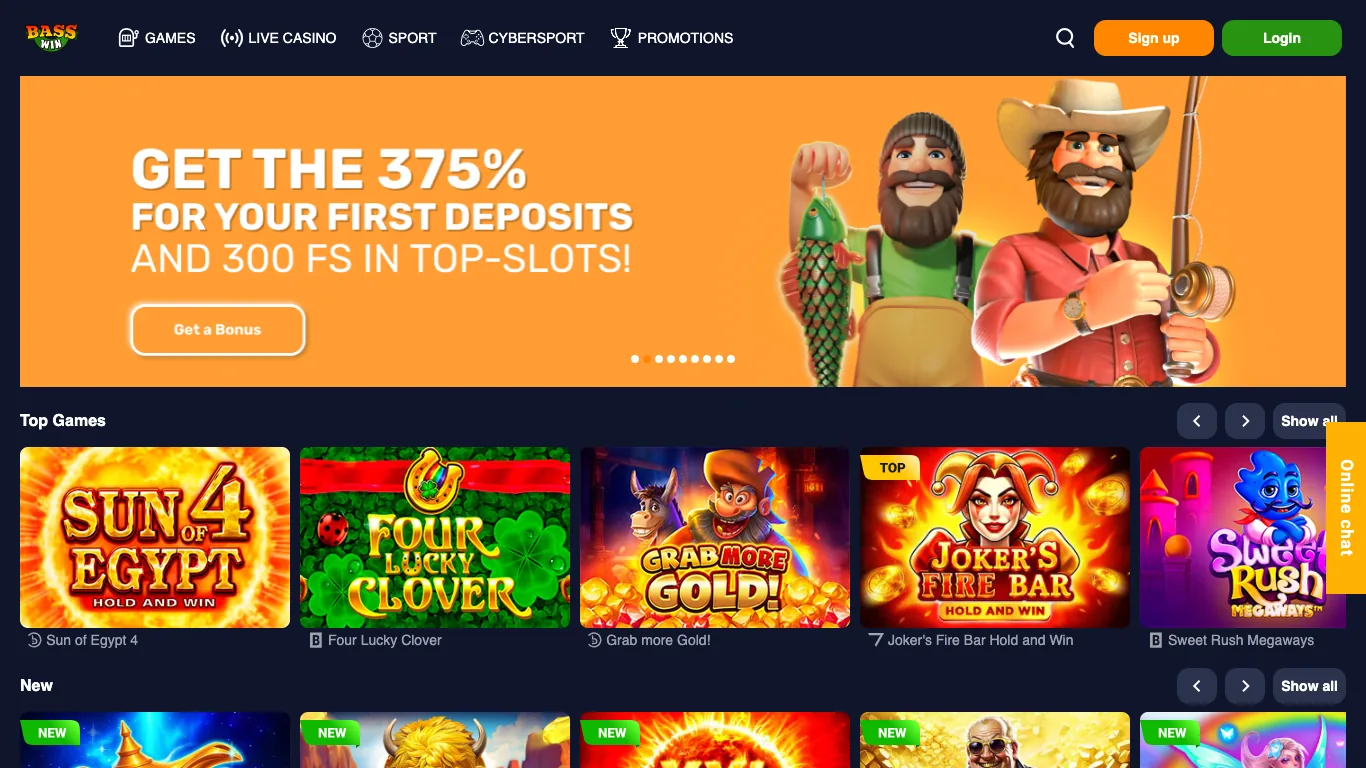 Basswin Casino homepage with 375% bonus and top slot games