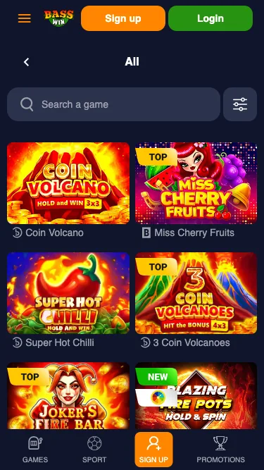 Mobile game grid with Coin Volcano and Miss Cherry Fruits