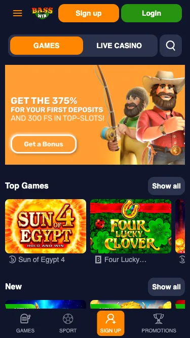 Mobile site homepage with bonus offer and top games