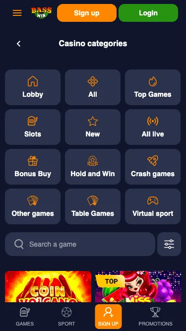 Mobile game lobby with category buttons and slots